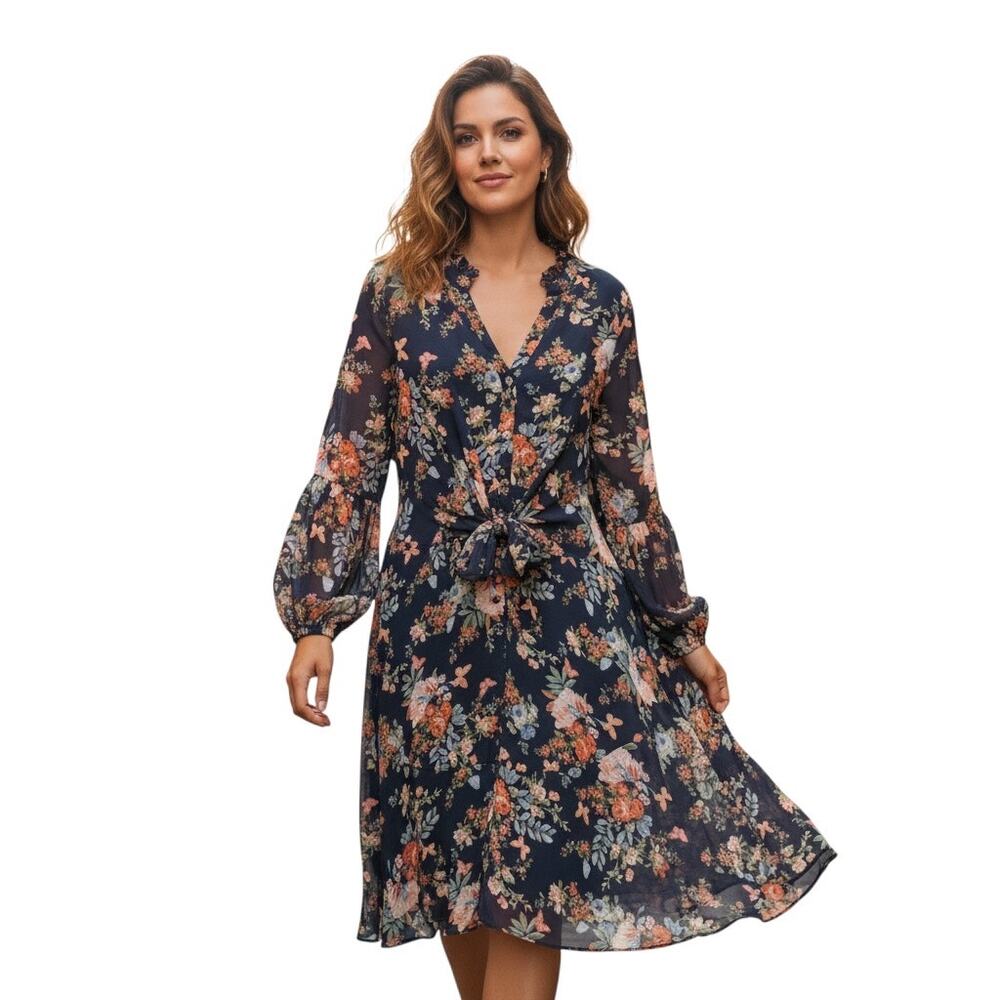 Cato Fashions Floral Shirt Dress XL EUC Navy Blue Balloon Sleeve Boho Tie